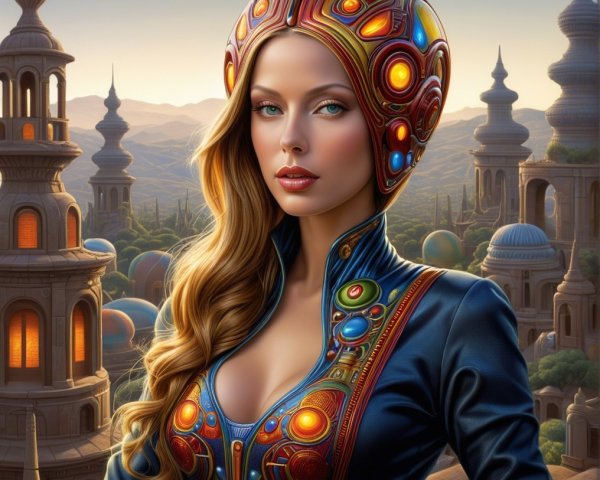 Stunning Woman in Vibrant Outfit with Futuristic Landscape