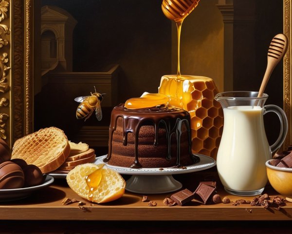 Chocolate Cake with Honey and Assorted Treats Display