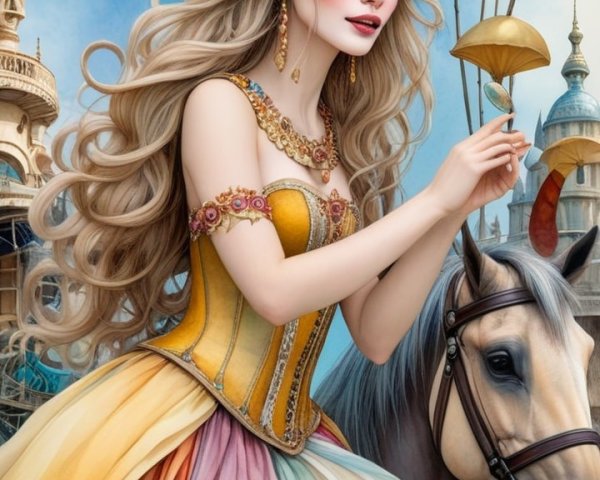 Fantastical Scene of Woman on Horse with Umbrella