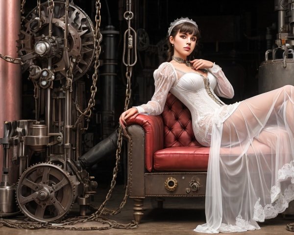 Model on Vintage Red Sofa in Sheer White Gown