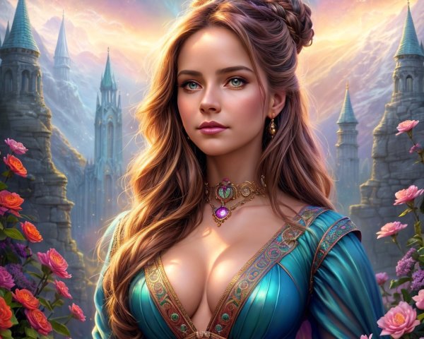 Fantasy Scene with Woman in Gown Surrounded by Roses