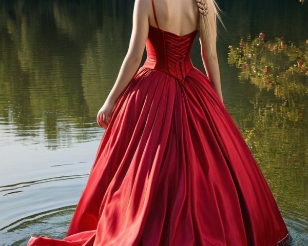 Woman in Red Gown by Serene Lake with Greenery