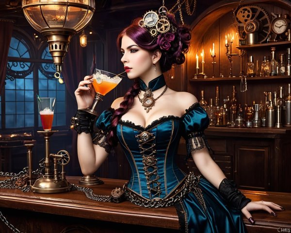 Steampunk Bar Scene with Elegant Woman in Corset Dress