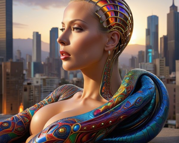 Futuristic Figure with Tattoos and Metallic Headpiece