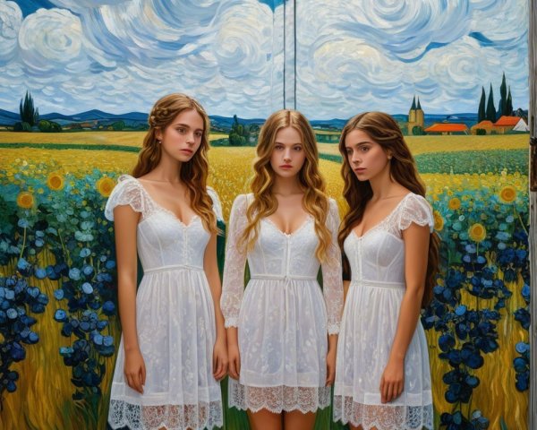Young women in white dresses in a sunlit field