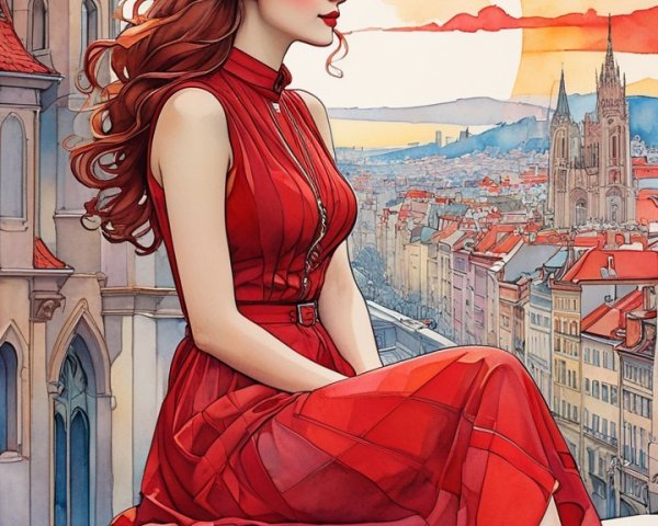 Woman in Red Dress Overlooking Sunset Cityscape