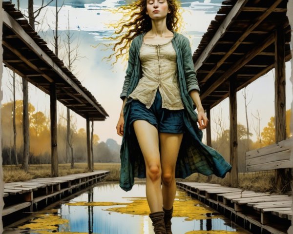 Young woman on wooden pathway over calm waters