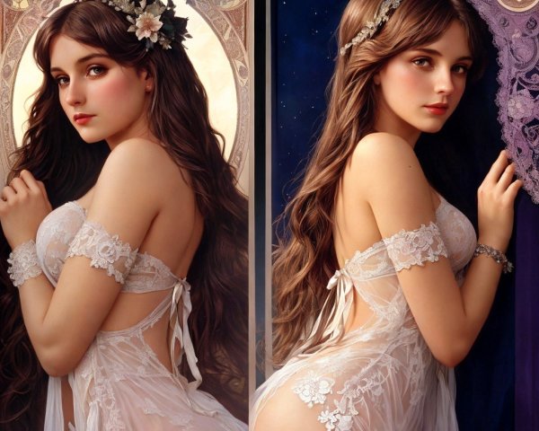 Portrait of a Young Woman in Lace Garment and Flowers