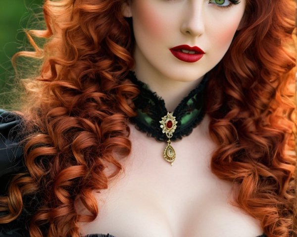 Striking Woman with Curly Red Hair in Black Corset