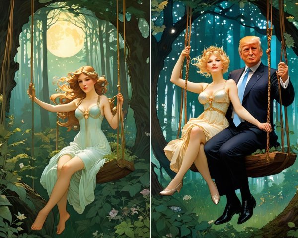 Whimsical Figures on Swings in a Lush Forest