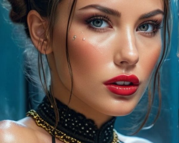 Close-Up Portrait of a Woman with Blue Eyes and Red Lips