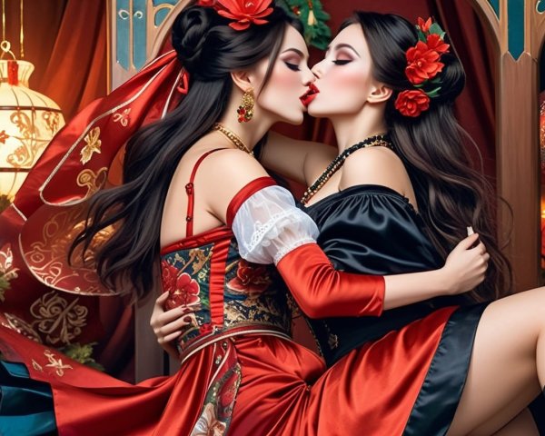Women in Traditional Dresses in Romantic Setting