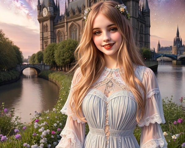 Young woman by river with clock tower and flowers