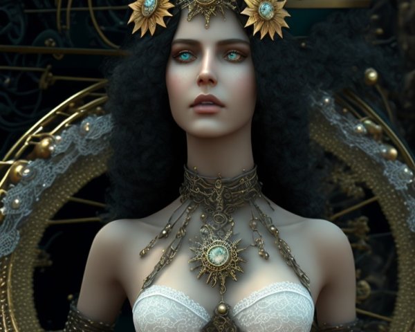 Steampunk Woman with Ornate Train and Intricate Jewelry