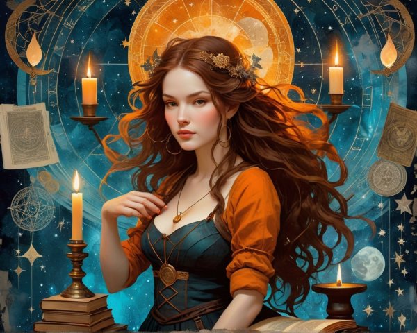 Mystical Woman in Celestial Setting with Astrology Symbols