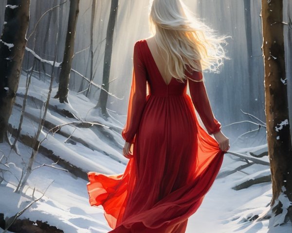 Solitary Figure in Red Gown in Snowy Forest