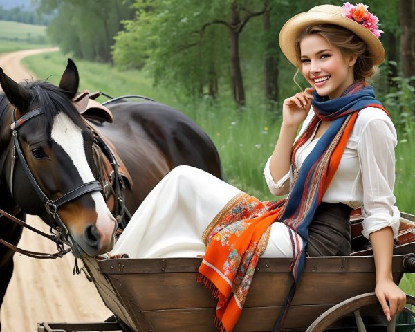 Young woman in rustic cart with horse in countryside