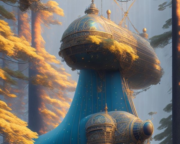 Surreal Futuristic Airships Among Tall Trees