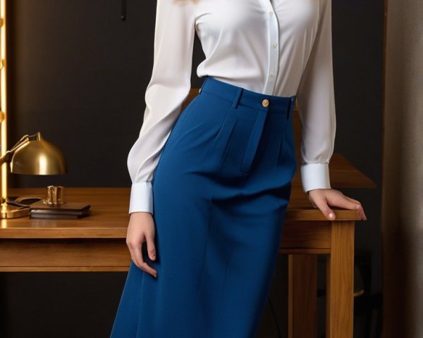 Stylish Woman in Professional Setting by Wooden Desk