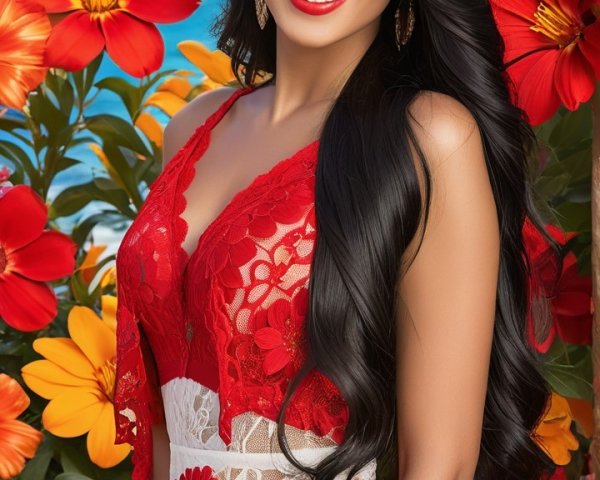 Woman in Red Lace Top Surrounded by Tropical Flowers