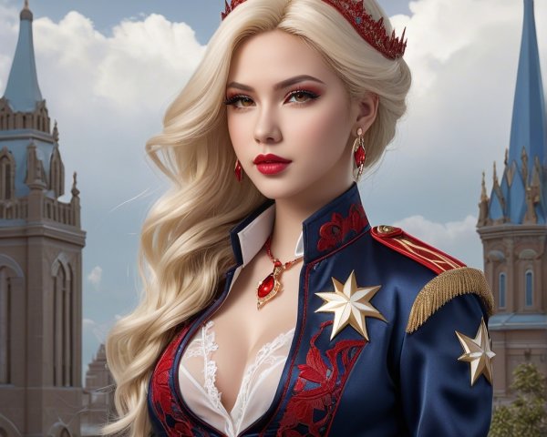 Regal Figure in Military-Inspired Outfit with Castles
