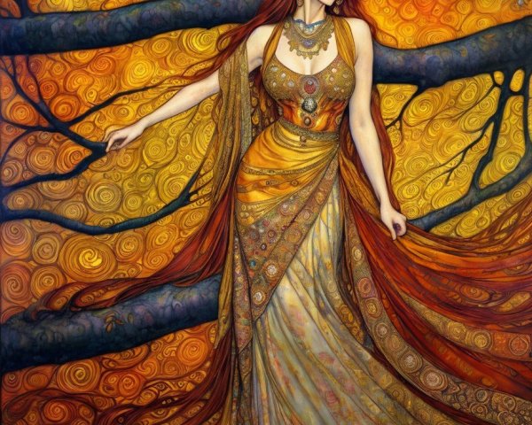 Woman in Yellow Gown on Tree Branch in Autumn Colors