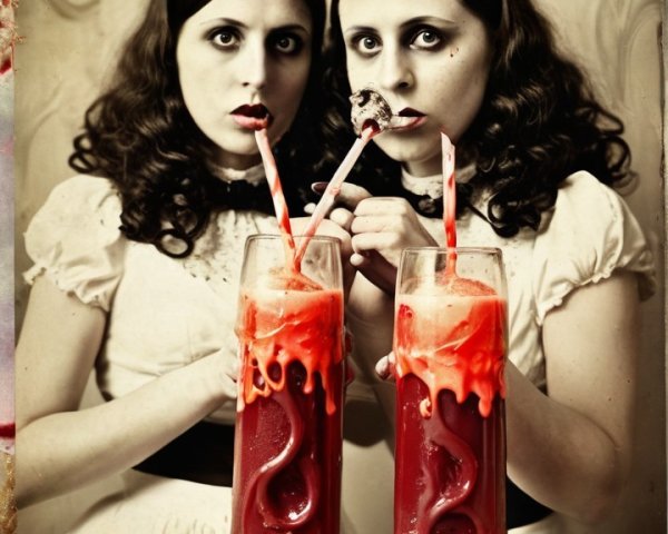 Women in Vintage Setting with Eerie Beverage Display