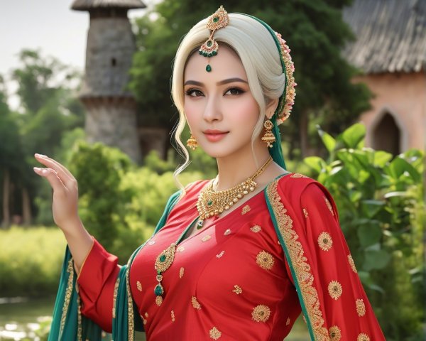 Woman in Traditional Red and Gold Outfit Outdoors