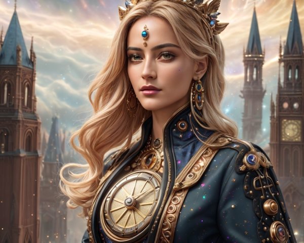 Regal figure in blue coat with cosmic backdrop