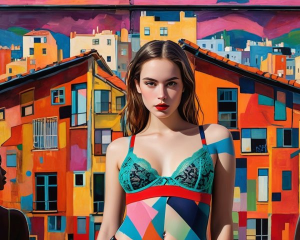 Confident Woman in Colorful Lingerie Against Cityscape