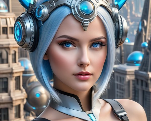 Futuristic female figure in metallic outfit with cityscape