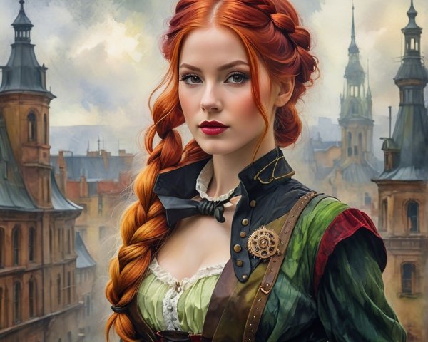 Young Woman in Historic Architecture with Braided Hair