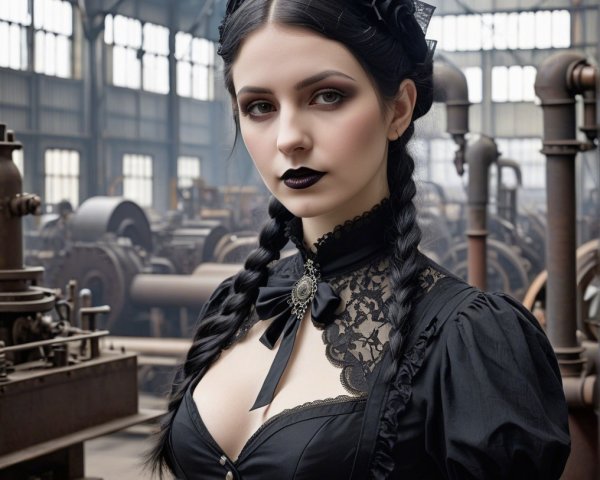 Young Woman in Victorian Outfit in Industrial Setting