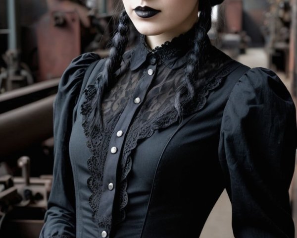 Young Woman in Victorian Gown in Industrial Setting