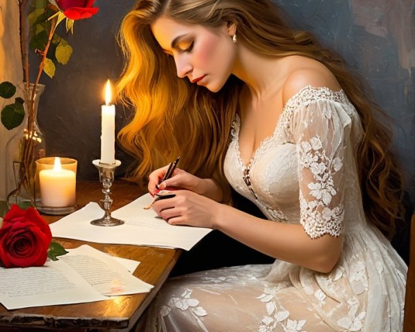 Young woman writing at candlelit wooden table