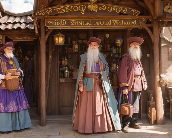 Elegantly Dressed Figures Outside Apothecary Shop