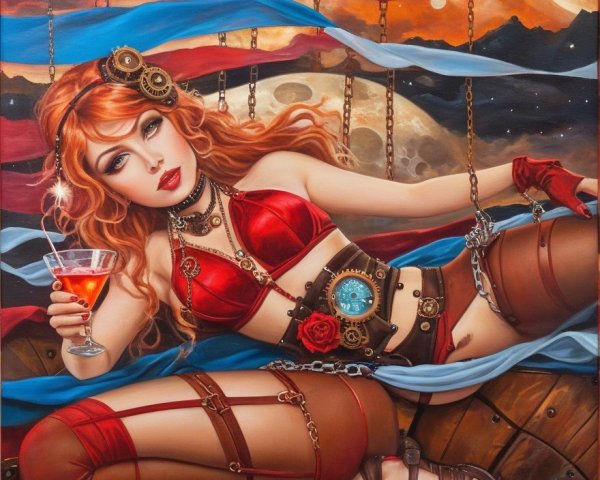 Steampunk Artwork of Woman with Red Hair and Gears