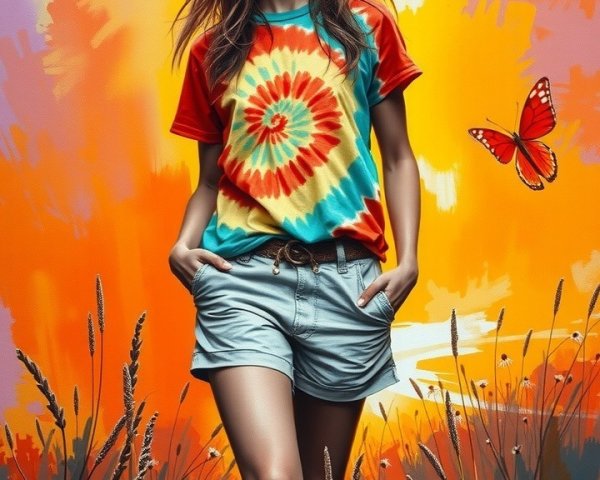 Young Woman in Tie-Dye Shirt Against Colorful Sunset