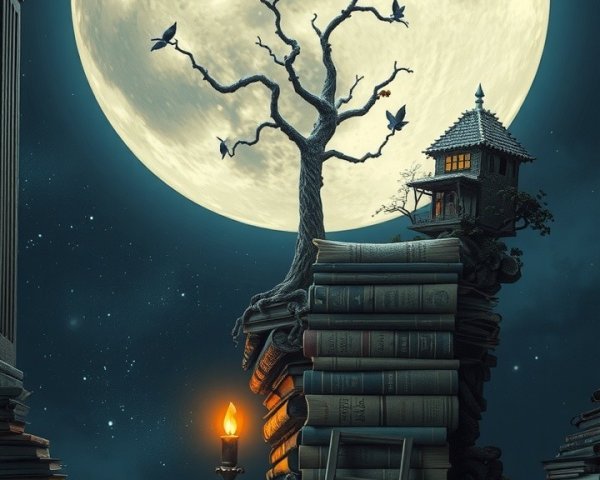 Surreal Scene of a Child on Books Under a Full Moon