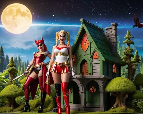 Stylized Female Action Figures in Moonlit Scene