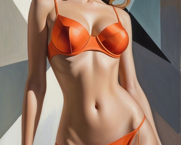 Full-body portrait of a woman in orange lingerie