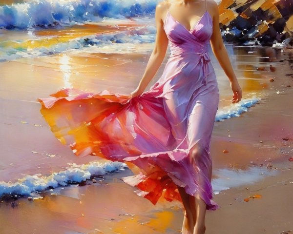 Woman in Pink Dress at Sunset Beach Scene