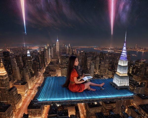 Girl in Red Dress Reading Over New York City Skyline