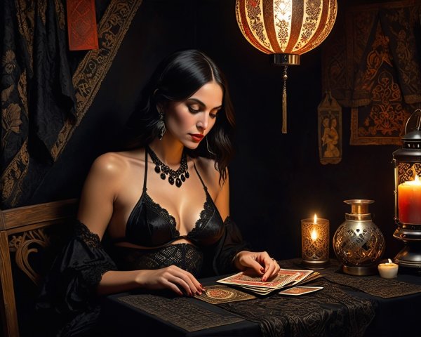 Mysterious Woman with Tarot Cards in Dim Light