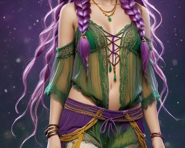 Mystical Figure in Green and Purple Outfit with Sunflowers