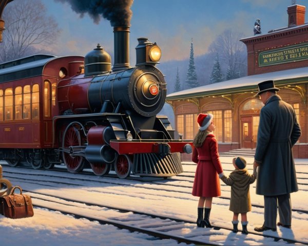Family Observing Historic Steam Locomotive on Snowy Platform