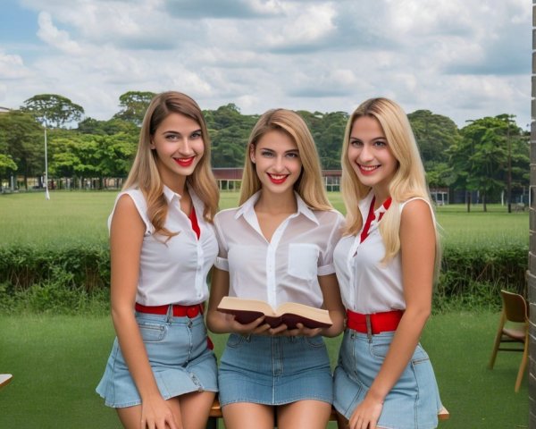 Young Women in Matching Outfits on Green Lawn