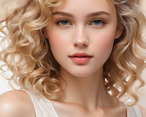 Young woman with blonde curls and bright blue eyes