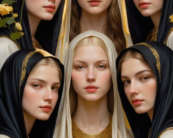Ethereal Women in Flowing Robes Surrounded by Roses