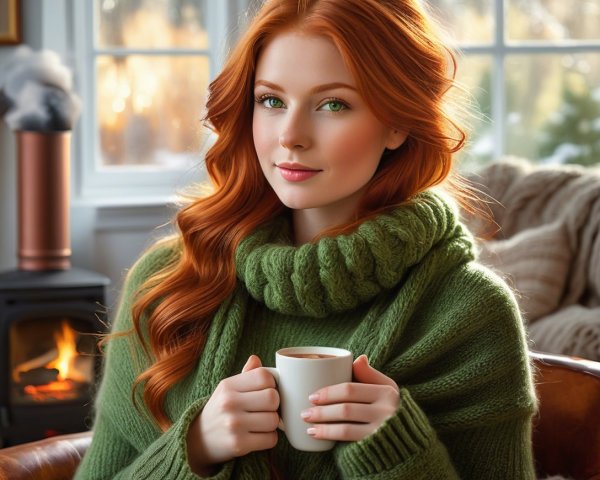 Ginger Woman in Sweater by Fireplace with Mug